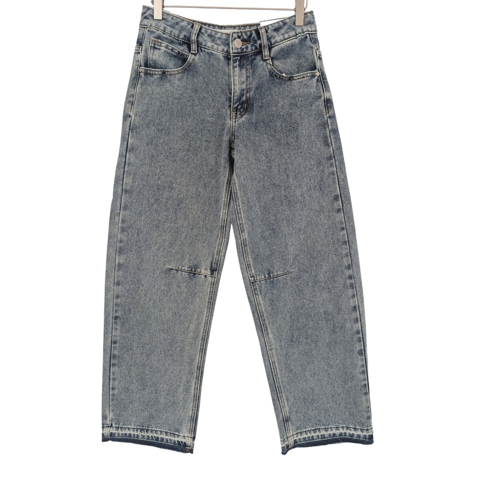Rise Supply Co Barrel Baggy‎ Jeans Women 5 Dark Acid Wash High Rise Raw Fray Hem